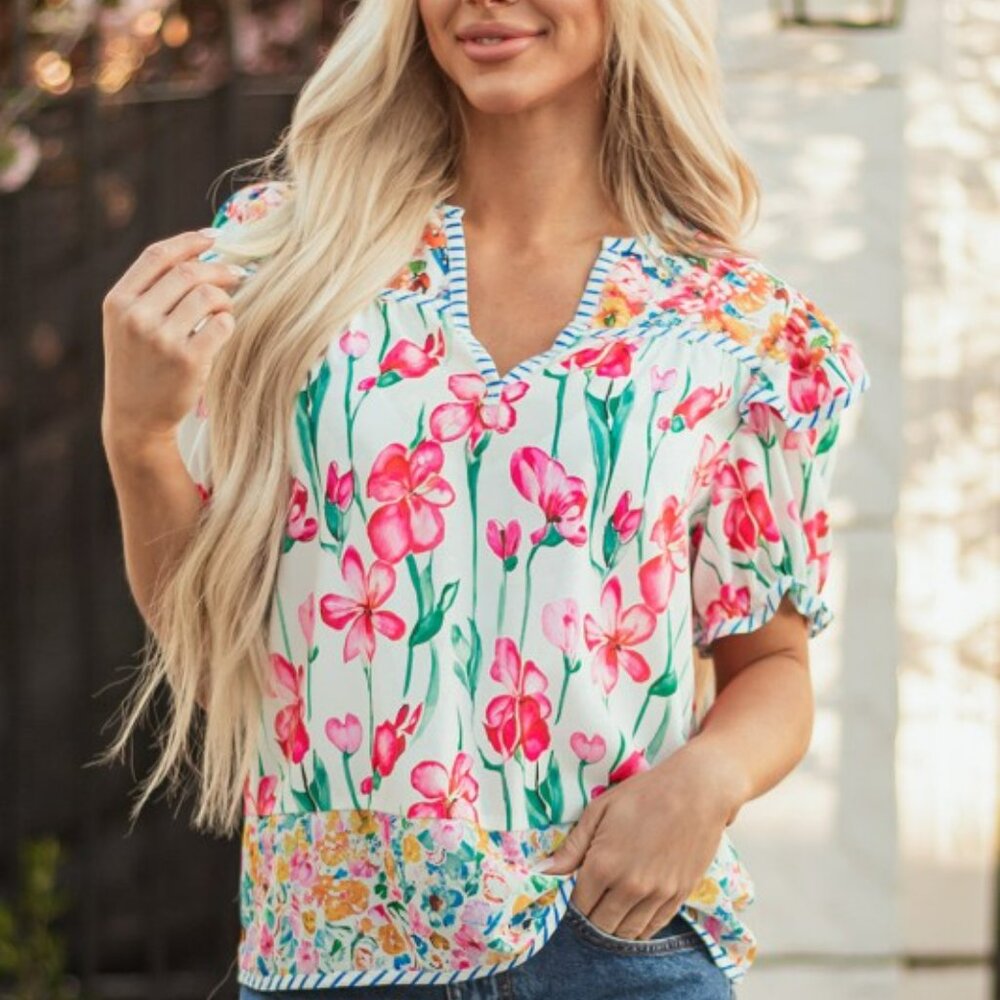 Floral Stripe Detail Short Sleeve Blouse